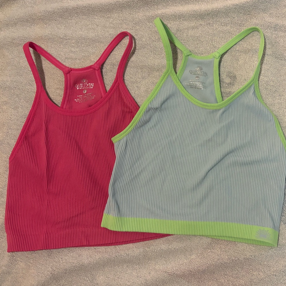 Set of 2 Ribbed Cropped Tank Tops - Pink & Light Blue with Lime Trim